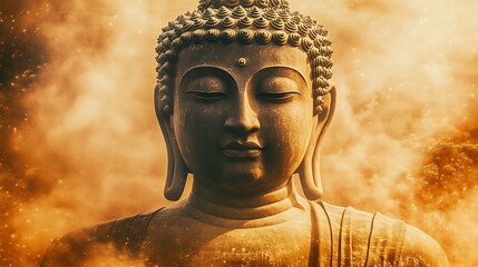 Poster - Tranquil Buddha Face Emerges from Mysterious Dusky Mist Atmosphere : Generative AI