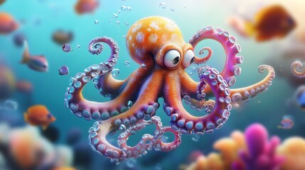 Poster - Vibrant Cartoon Octopus Coral Reef Colorful Marine Life Art Illustration : Generative AI