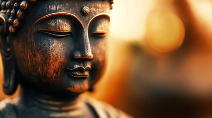 Poster - Tranquil Buddha statue in serene setting with warm golden light and peaceful expression : Generative AI