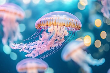 Poster - Luminescent Jellyfish Floating in Tranquil Ocean with Bokeh Lights : Generative AI