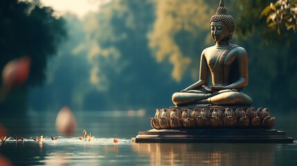 Aufkleber - Tranquil Buddha Statue Amidst Nature by Serene Water in Peaceful Setting : Generative AI