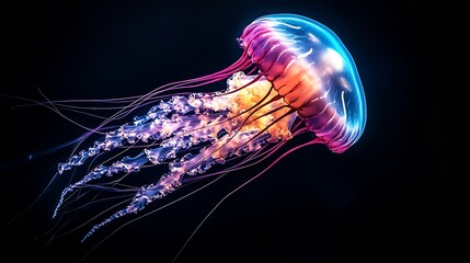 Poster - Mesmerizing Neon Pink and Blue Jellyfish Floating Gracefully in the Dark Ocean : Generative AI