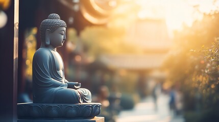 Poster - Serene Buddha Statue in Tranquil Japanese Garden During Golden Hour : Generative AI