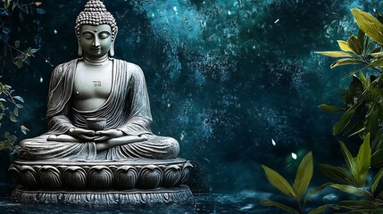 Poster - Buddha Statue Amidst Tranquil Foliage with a Mysterious Blue Aura : Generative AI