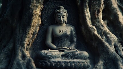 Aufkleber - Serene meditation of stone Buddha statue enveloped by tree roots : Generative AI