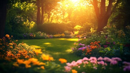 Poster - Tranquil Garden Pathway Surrounded by Vibrant Floral Displays in Soft Evening Light : Generative AI
