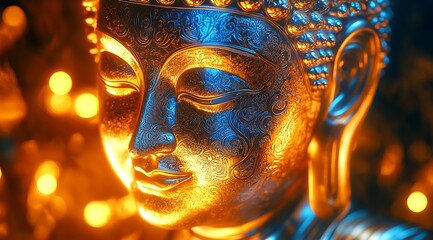 Aufkleber - Illuminated Golden Buddha Close-up with Intricate Patterns and Warm Glow : Generative AI