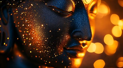 Poster - Close-Up of Peaceful Buddha Face with Radiant Golden Light and Bokeh Effect : Generative AI