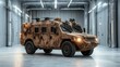 © Maximages  - A camouflage armored vehicle stands inside a bright, white garage with metallic walls, highlighting the contrast between the vehicle's robust form and serene surroundings.