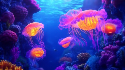 Poster - Illuminated Jellies Drift Underwater Amongst Diverse Coral Environments : Generative AI
