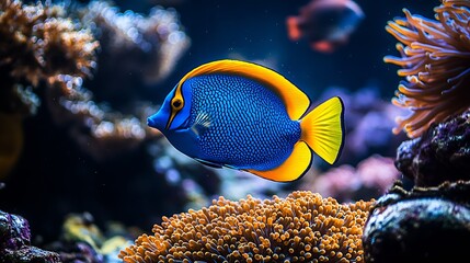 Poster - Blue Regal Tang Fish Swimming in a Vibrant Coral Reef : Generative AI