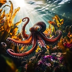 Poster - Vibrant Octopus Exploring Colorful Underwater World in Sunlit Ocean : Generative AI