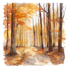 Wall Mural - a watercolor drawing of a fall forest trail with soft morning light filtering through the trees, iso