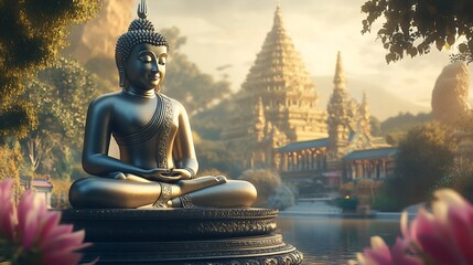 Aufkleber - Serene Buddha Statue in Tranquil Temple Garden Reflecting Spiritual Peace : Generative AI