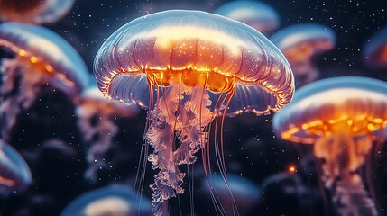 Poster - Illuminated Jellyfish Swarm Gracefully Floating in Tranquil Ocean : Generative AI