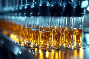 Poster - Industrial line of glass bottles filled with amber liquid in high tech laboratory : Generative AI