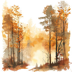 Wall Mural - a watercolor clipart of a fall forest with misty morning light filtering through, isolated on a whit