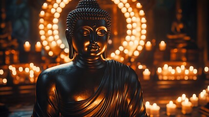 Aufkleber - Golden Buddha Statue Surrounded by Illuminated Candles in Tranquil Buddhist Temple Setting : Generative AI