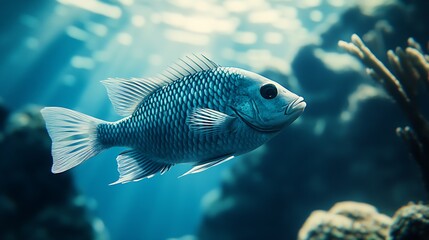 Poster - Serene Ocean View With Tropical Fish Swimming Near Coral Reefs : Generative AI