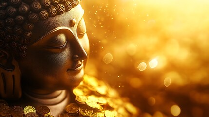 Aufkleber - Peaceful Buddha Statue Surrounded by Vibrant Gold Coins in Gentle Sunlight : Generative AI