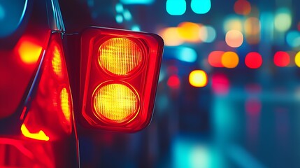 Aufkleber - Bright glowing brake light on busy urban street with vibrant night city traffic : Generative AI