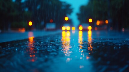 Poster - Rainy Urban Night with Illuminated City Streets and Vibrant Reflections : Generative AI