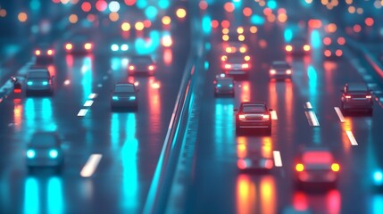 Poster - Vibrant Urban Highway at Night with Neon Lights and Reflective Surfaces Creating a Dynamic City Atmosphere : Generative AI