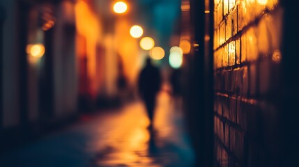 Poster - Moody Silhouette Walking Down Urban Street with Ambient Night Lights : Generative AI