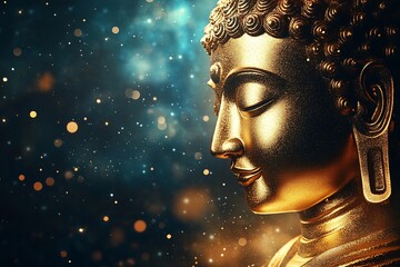 Aufkleber - Glistening Golden Buddha with Celestial Background and Glittering Stars for Spiritual Awakening : Generative AI