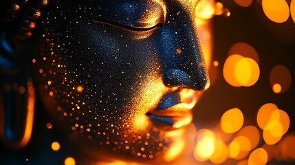 Aufkleber - Side Profile of Serene Buddha Statue with Glittering Golden Bokeh Background : Generative AI