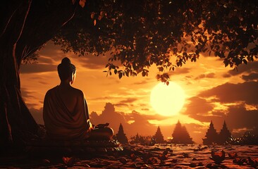Aufkleber - Peaceful Meditation by Buddha Statue Under Beautiful Golden Sunset Sky : Generative AI
