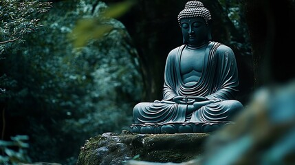 Poster - Tranquil Buddha Statue Amidst Lush Greenery in Serene Forest Setting : Generative AI