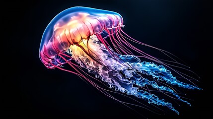 Poster - Illuminated Jellyfish with Glowing Tentacles in Vibrant Neon Pink and Blue in the Dark Ocean : Generative AI