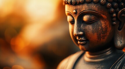 Poster - Peaceful Buddha Statue in Glowing Sunset Light Depicting Calm and Tranquility : Generative AI