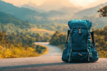 Aufkleber - Travelers backpack resting on winding road surrounded by mountains at sunset. Generative AI