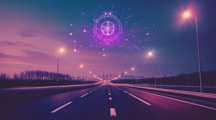 Poster - Surreal Futuristic Highway at Twilight with Glowing Celestial Energy Sphere in the Sky : Generative AI