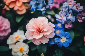 Poster - Assorted Pastel Flowers with Lush Greenery and Soft Focus : Generative AI