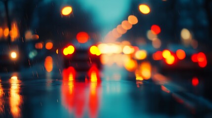 Poster - Urban Road at Night with Traffic Blurred by Rain and Lights Reflecting on Wet Asphalt : Generative AI