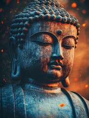 Aufkleber - Ancient Serenity Buddha Statue in Warm Lighting with Ambient Sparks : Generative AI