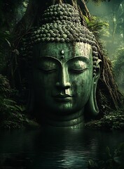 Aufkleber - Majestic Buddha Head Statue in Forest Setting with Calm Water Reflection : Generative AI