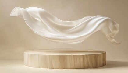 Poster - Luxury Product Placement Mockup: Wooden Podium And Satin Fabric Floating On Beige. Premium Fashion And Beauty Stage Platform Template With Flying Silk Cloth.