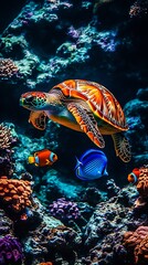 Poster - Majestic sea turtle gliding through a lively coral reef surrounded by colorful tropical fish : Generative AI