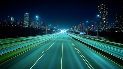 Poster - Illuminated Expressway with a Breathtaking City Skyline under a Starry Night Sky : Generative AI