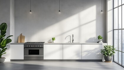 Poster - Bright Kitchen Room Interior With Panoramic Window And Empty White Wall: A Space For Creative Ideas. Mock Up Rendering With Gas Cooker.