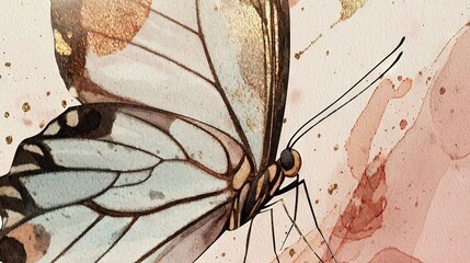 Wall Mural -   Watercolor Butterfly on Pink and White Background with Brown Spots