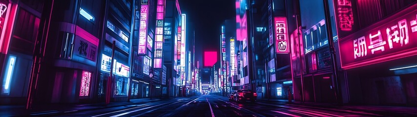 Aufkleber - Cyberpunk Style Urban Street View with Neon Lit Buildings and Signs at Night : Generative AI