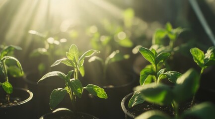 Canvas Print - Young green plants growing in pots, backlit by sunlight.