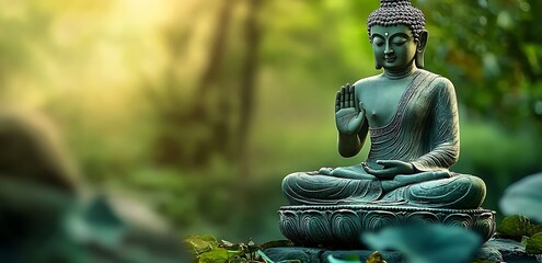 Poster - Serene Buddha Statue with Gentle Sunlight in Peaceful Green Natural Environment : Generative AI