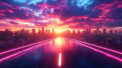 Aufkleber - Vivid Cyberpunk Sunset Over Distant Urban Skyline with Neon Lights Illuminating Wet Asphalt Road : Generative AI