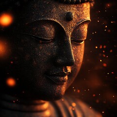 Aufkleber - Peaceful meditation stone Buddha statue with glowing ember accents in spiritual tranquility ambiance : Generative AI